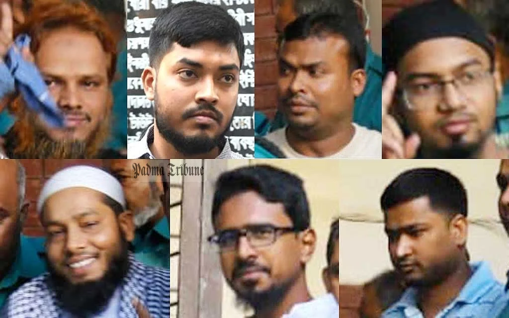 দণ্ডিতরা- উপরে বাঁ থেকে ঘড়ির কাঁটার দিকে- জাহাঙ্গীর হোসেন রাজীব গান্ধী, আসলাম হোসেন র‌্যাশ, হাদিসুর রহমান, রাকিবুল হাসান রিগ্যান, মামুনুর রশিদ রিপন, শরিফুল ইসলাম খালেদ ও আব্দুস সবুর খান সোহেল মাহফুজ। ফাইল ছবি